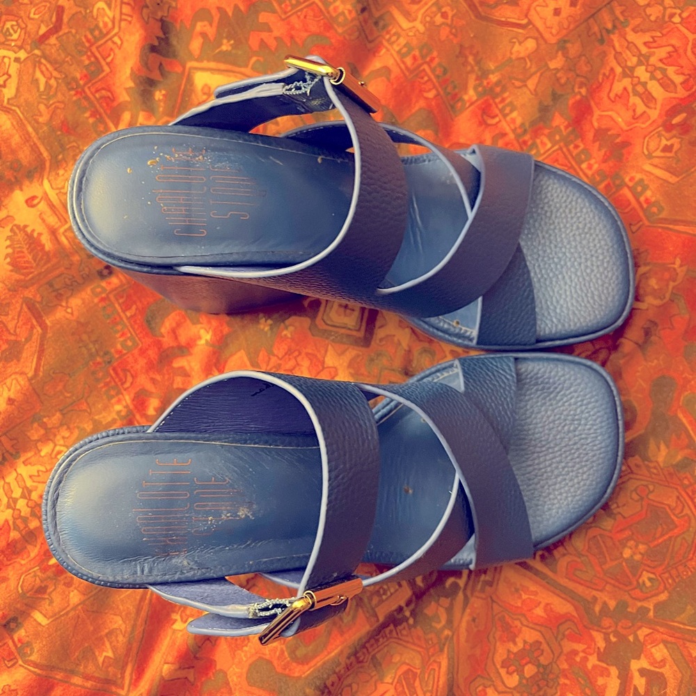 Charlotte Stone Navy Blue Platform Sandal with Gold Buckle - Picture 7 of 8